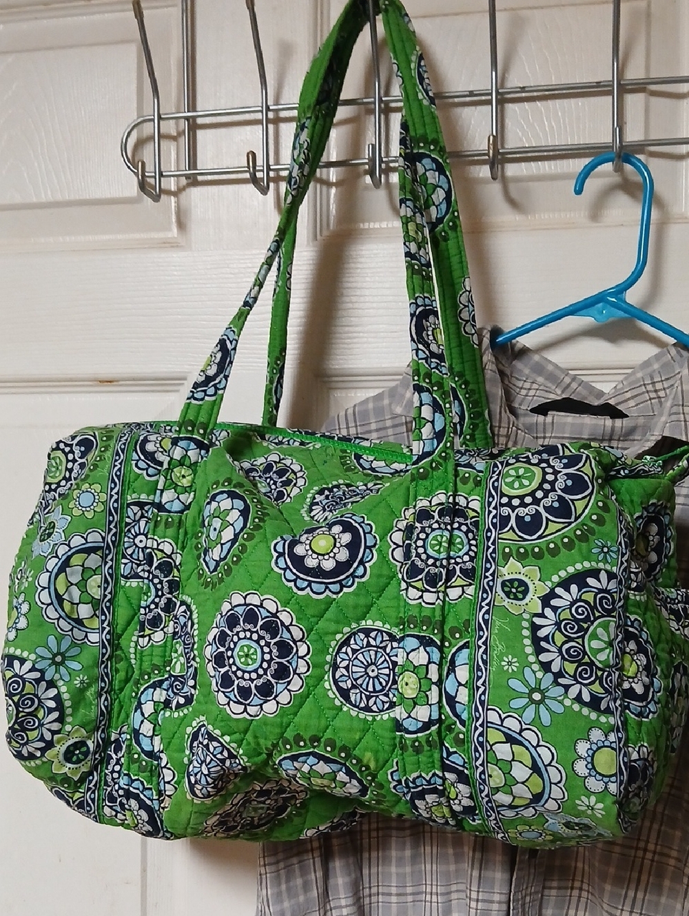Vera Bradley Green Quilted Shoulder Tote with Blue Floral Medallions.
